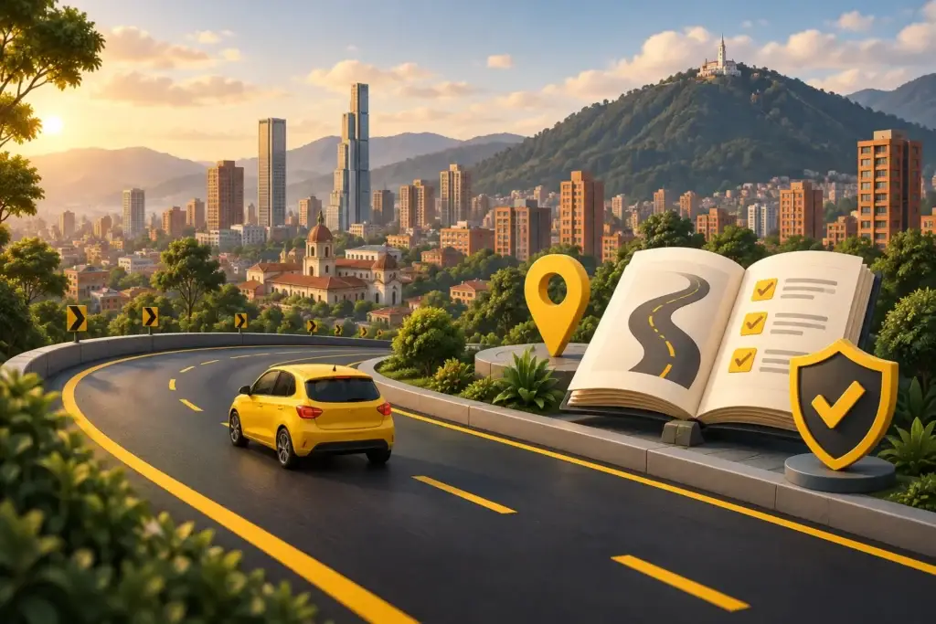 Ilustración de Bogotá con Monserrate, una vía y un libro de educación vial para cursos de comparendos