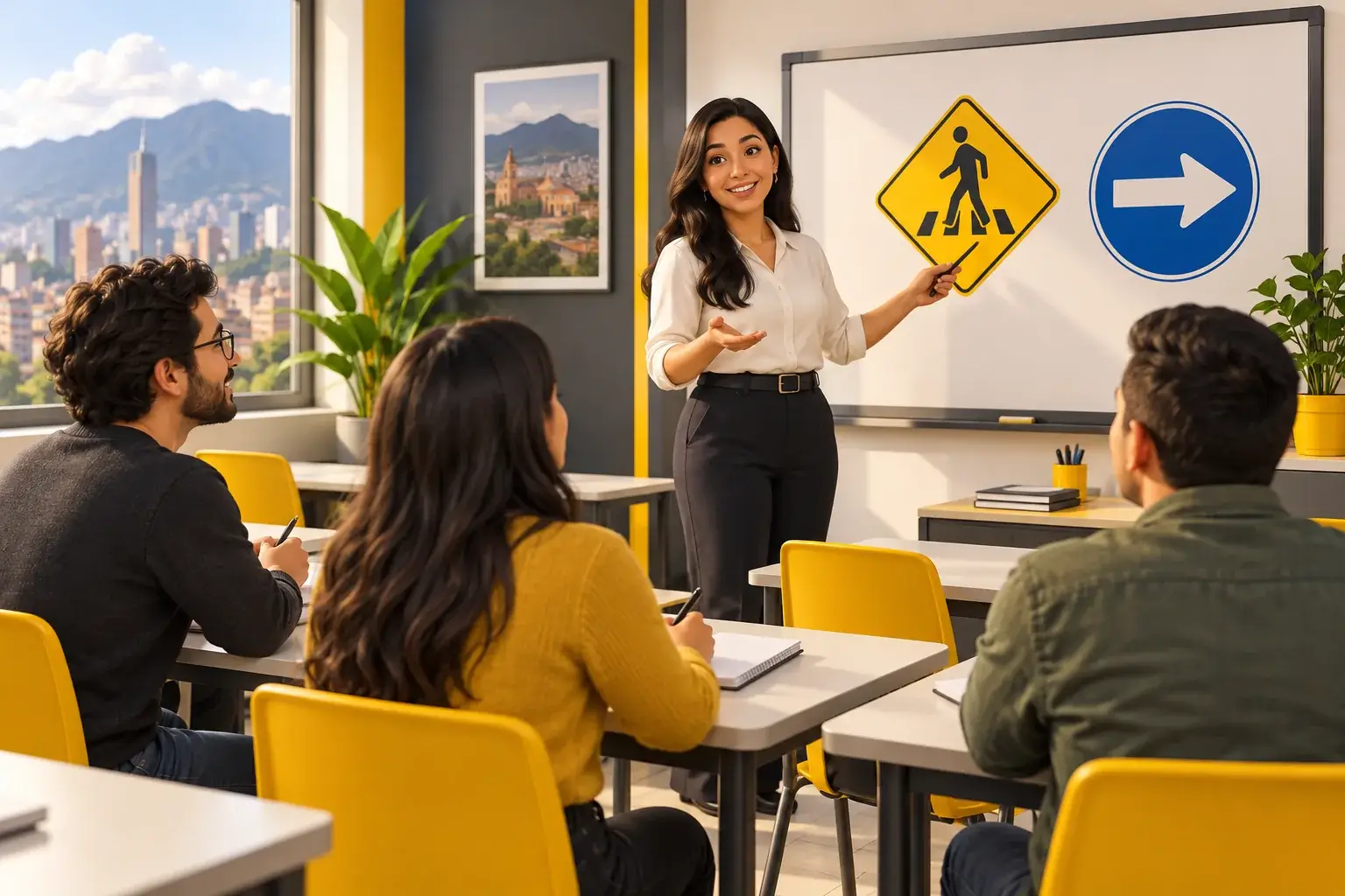Ilustración de una instructora y estudiantes aprendiendo señales de tránsito en un curso pedagógico